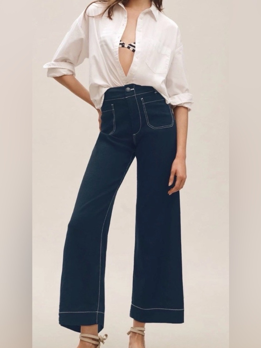 Maeve Colette Linen Cropped Wide-Leg Pants Navy Size 31